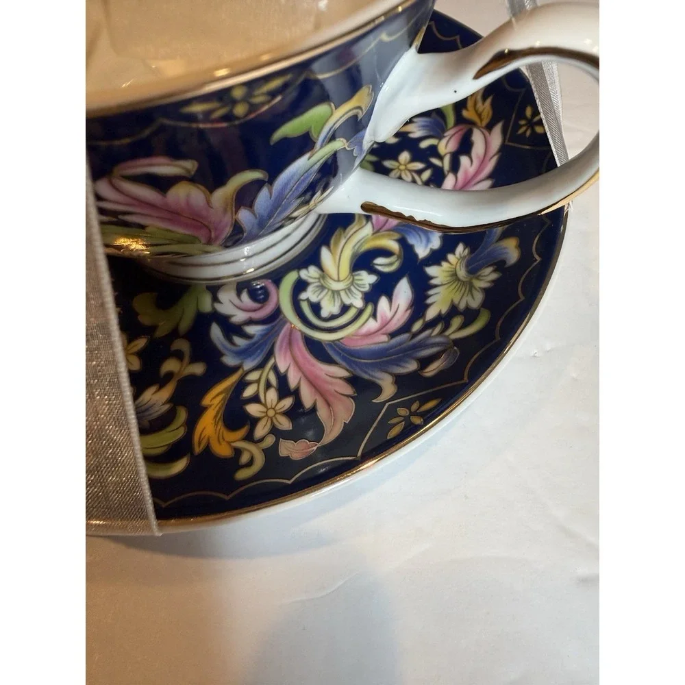 Grace Fine Porcelain Jumbo Teacup Saucer Blue Floral Gold Gift Set New